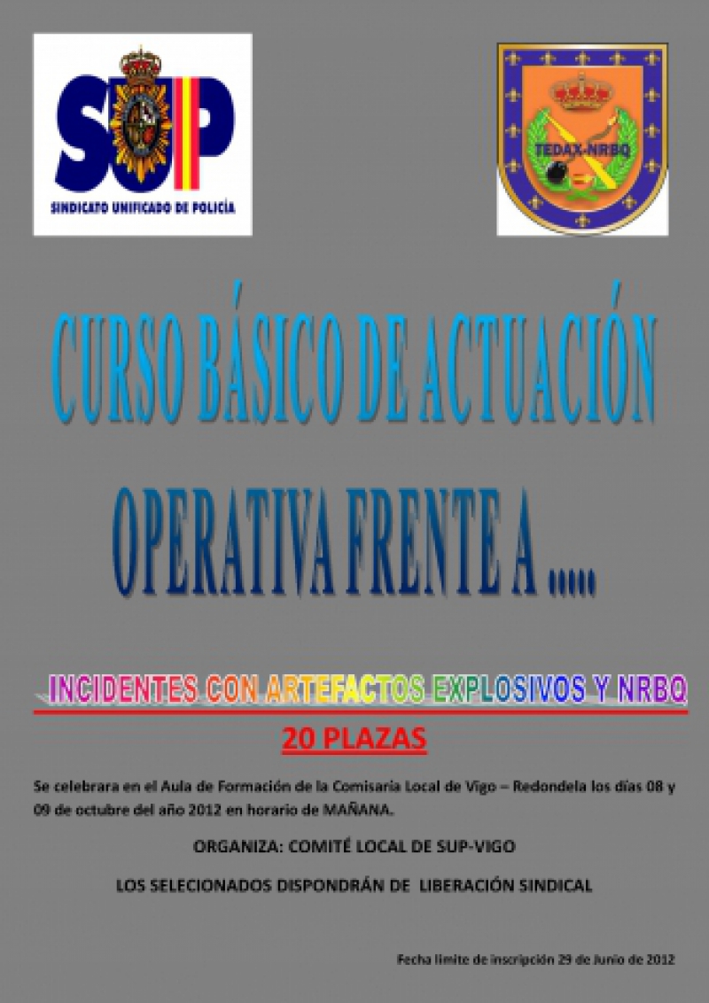 CURSO BÁSICA DE ACTUACIÓN OPERATIVA FRENTE A INCIDENTES CON ARTEFACTOS EXPLOSIVOS Y NRBQ