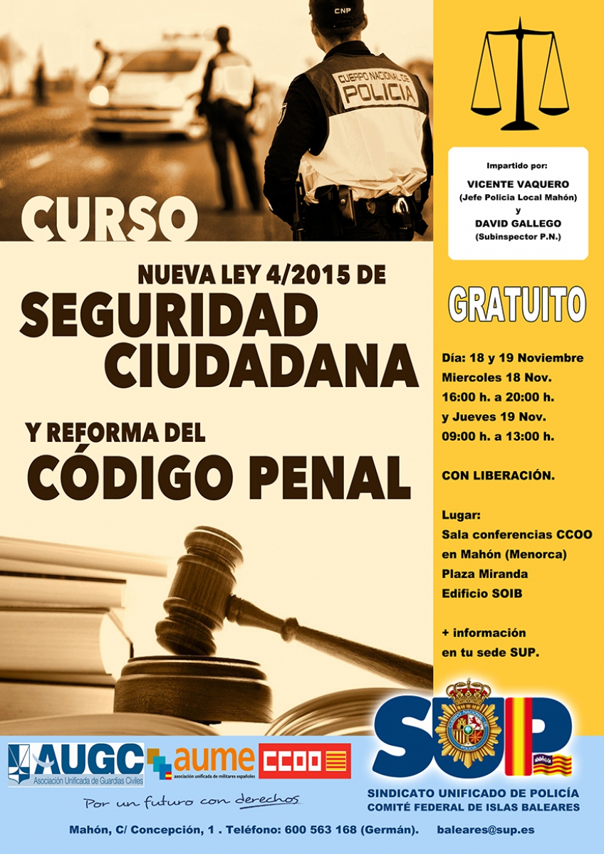 Menorca - Reforma Código Penal y Ley 4/2015 Seg. Ciud.