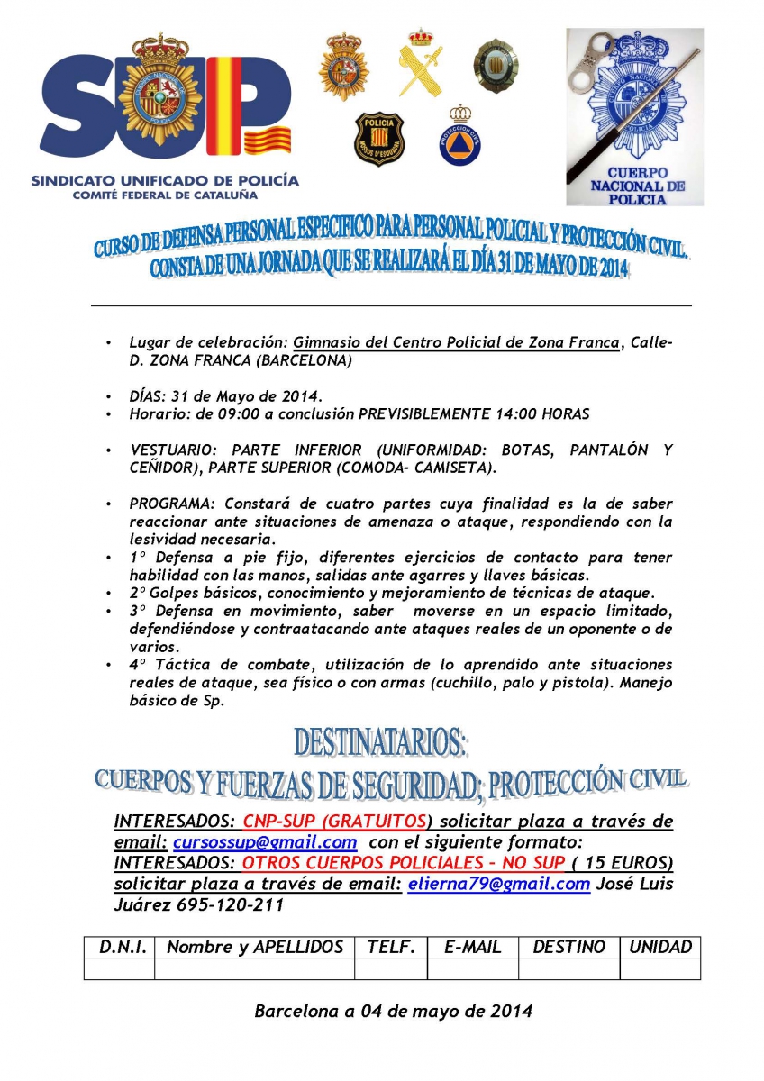 CURSO DE DEFENSA PERSONAL ESPECIFICO PARA PERSONAL POLICIAL Y PROTECCIÓN CIVIL