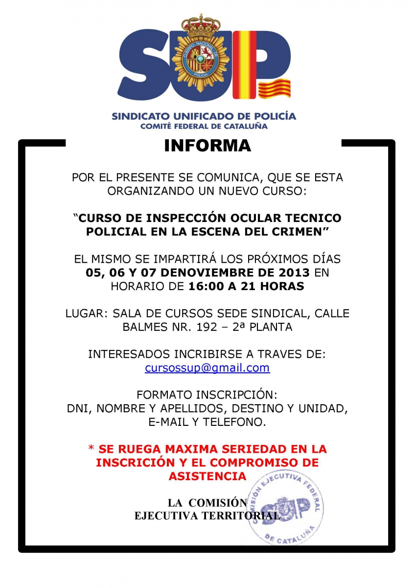 CURSO DE INSPECCIÓN OCULAR TÉCNICO POLICIAL EN LA ESCENA DEL CRIMEN