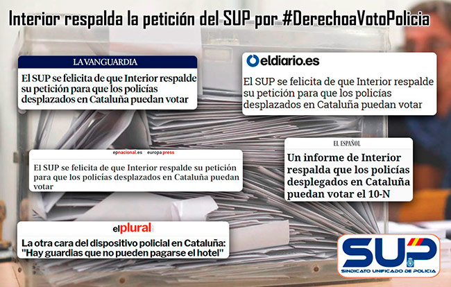 Interior respalda la petición del SUP para que los policías desplazados a Cataluña puedan votar